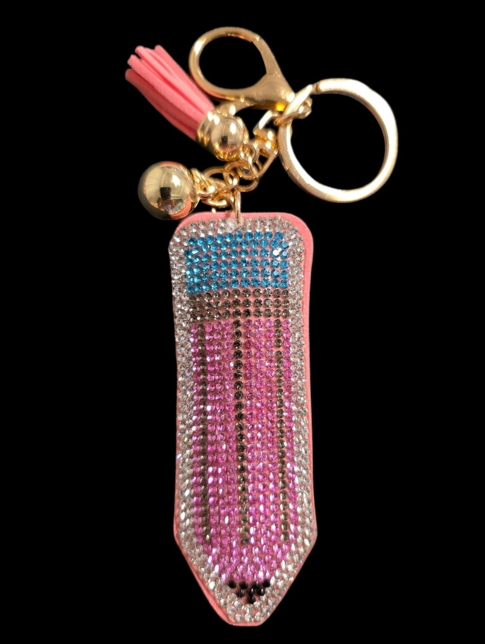 Crystal Embellished Pencil Keychain with Pink and Blue Accents